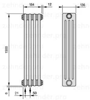 Схема (чертеж) Радиатор Zehnder Charleston 4150/4 №3370 Белый глянцевый RAL 9016